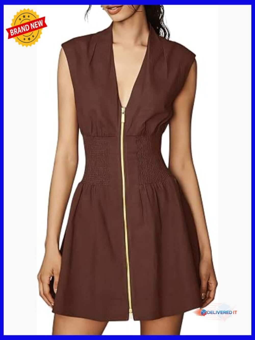 V Neck Cap Sleeve Zipper Mini Dress with Pockets Smocked Waist Slit